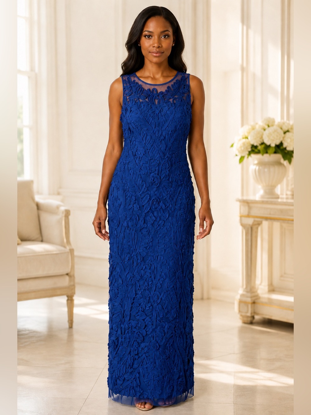 JS Collections Royal Blue Long Formal Gown Floral Ribbon Gown Romantic Coquette